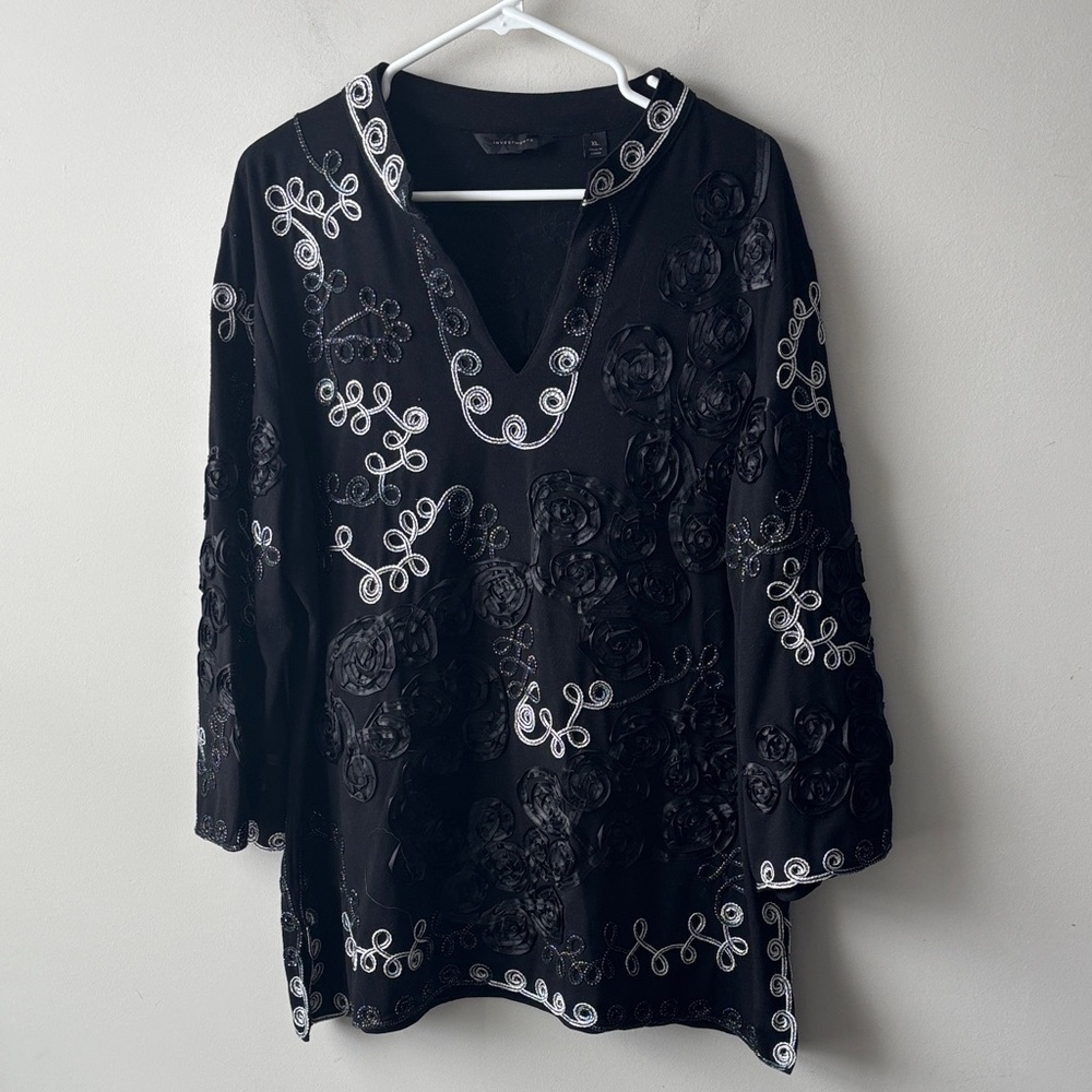 Investments Soft Black Embroidered Ribbon Floral 3/4 sleeves V-Neck Blouse